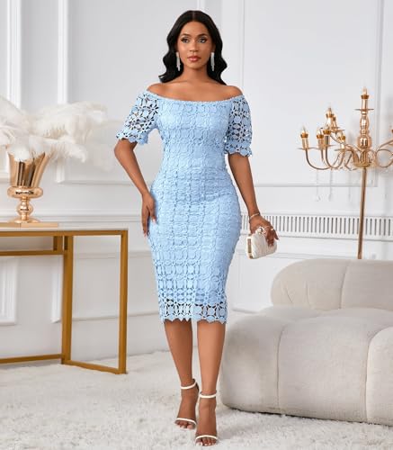 Image of Cololura Elegant Sexy Floral Lace Short Sleeve Off Shoulder Evening Gown Party Formal Bodycon Midi Dress