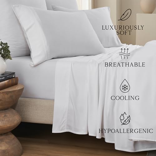 Image of KARISSA MAE Bamboo Viscose 34 inch Split Top King Size Sheet Set, FSC Certified | Single 34 inch Split Fitted Sheet | Sleep Number & Adjustable Bed | Cooling | 18 inch Deep Pocket w / Corner Straps [White]