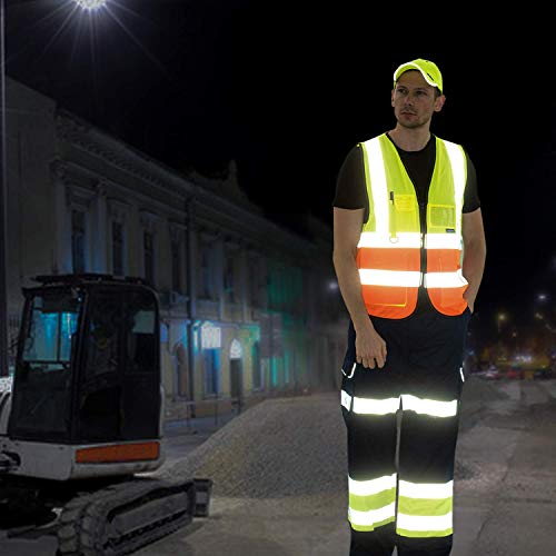 Image of High Visibility Reflective Vest with 7 Pockets, Zipper, Yellow, S | Yellow S work vest with 7 pockets, clear ID pocket and radio mic loop for construction and utility work; unisex workwear.