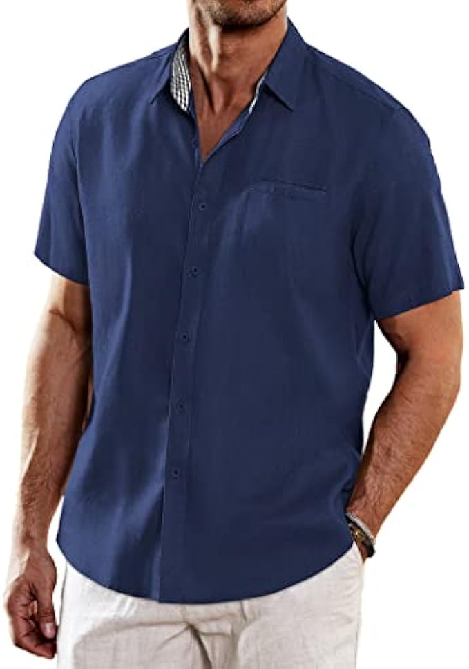 COOFANDY Men's Casual Linen Shirts Short Sleeve Button Down Shirt Summer Beach Tops