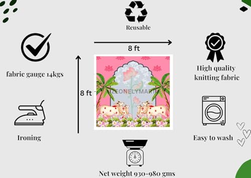 Image of Backdrop Cloth for Decoration Pooja | varalakshmi Pooja backdrops | Wedding Backdrop Decoration Cloth 8x8 feet (Pink Lotus 4 Cows Backdrop) Pink,Sky Blue Colour | Decorations Clothes for Background