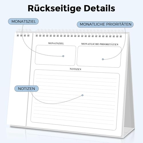 SKYDUE Tischkalender 2026, Kalender Von Nov. 25 Bis Dez. 26, Stehkalender 2026 Zum Aufstellen, Monatskalender Mit Monatsansicht Abreißbarer Liste,27x23x7.8cm, Kalender Schuljahr (Blümchen Blau)