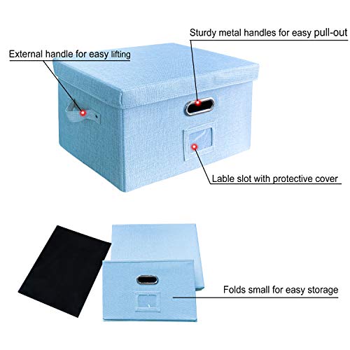 Jsungo File Box With 5 Hanging Filing Folders, Document Organizer Storage For Office, Collapsible Linen Storage Box With Lids, Home Portable Storage With Handle, Letter Size Legal Folder, Blue #TOP5