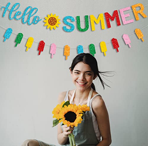 Cavla Glitter Hello Summer Banner With Sunflower Signs And Colorful Glittery Popsicle Banner Hello Summer Ice Cream Garland Banner Summer Birthday Party Fireplace Mantle Decorations Supplies #TOP5