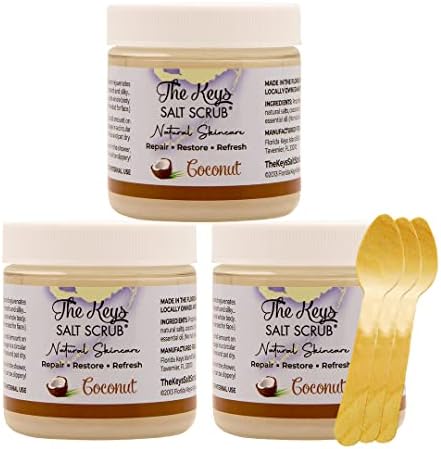 The Keys Salt Scrub -Sea Salt Scrub - Exfoliating Body Scrub with Wooden Spoon - Moisturizing Exfoliator for Hands, Foot, Bath, (3.4 Ounce (Pack of 3), Coconut)
