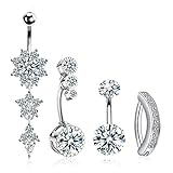 UHIBROS 14G Surgical Steel Belly Navel Button Rings for Women with Dangling Sparkly AAA Cubic Zirconia, Clicker Hypoallergenic Belly Piercing Jewelry Button Ring Diamond Bellybutton Set(Silver A)