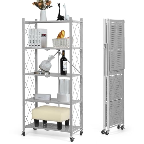 Image of BRIAN & DANY 5-Tier Foldable Storage Shelves with Wheels, Folding Metal Rack Shelving Unit, Heavy Duty No Assembly Organizer Shelf for Garage, Kitchen, Basement, Pantry, Gray