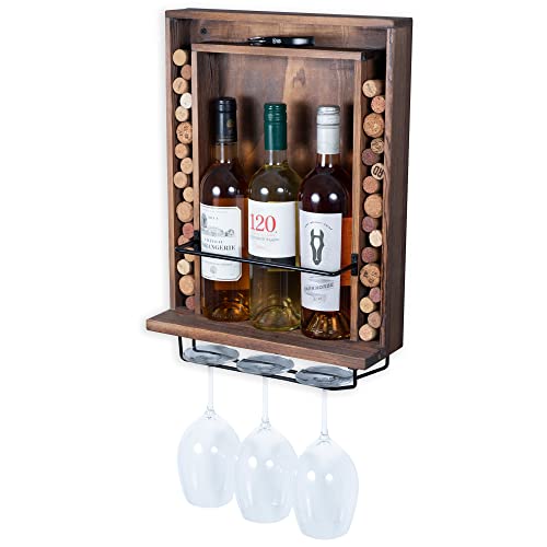 Rustic State Kayra Wall Mounted Wood Wine Bottle Box Rack With Cork Storage Glassware Holder Stemware Shelf Organizer - Home, Kitchen, Dining Room Bar Décor - Walnut #TOP3