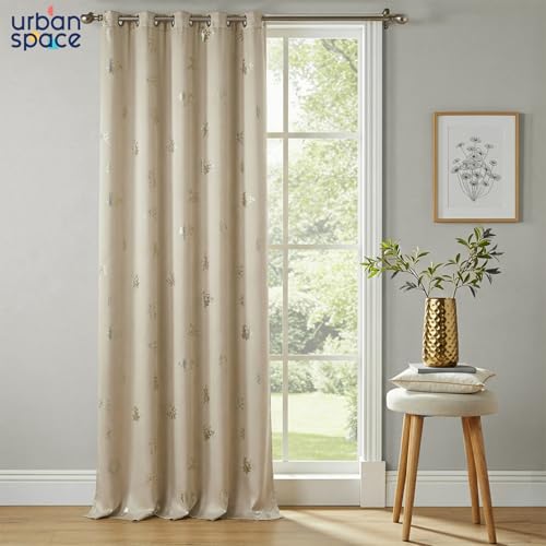 Image of Urban Space 100% True Blackout Curtains for Door, Gold Foil Printed Blackout Curtains, Blackout Decorative Door Curtain Eyelet with Tieback, 1 Piece Curtain for Living Room(Crackle Beige, 7 Feet)