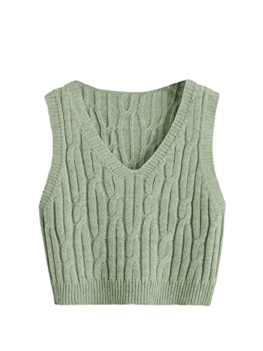 Romwe Women's Cable Knit Crop Sweater Vest Preppy Style Sleeveless V Neck Knitwear Tank Tops Mint Green L #TOP7