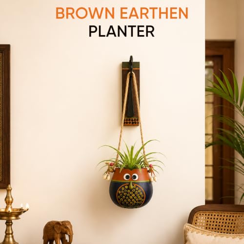 Image of AAKRITI ART CREATIONS Wall Hanging Planter with Hook | Brown & Blue Earthen Planter on Classic Hook, Modern Art, Matte Finish | Metal, Terracotta & Wood | Decorative Hanging Pot for Indoor & Outdoor