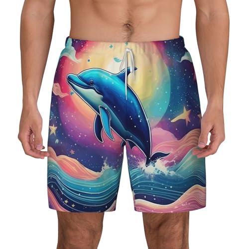 Colorful Starry Sky Ocean Dolphin Men's Soft Double Swim Shorts, Lounge Swiming Shorts Pants Breathable Summer