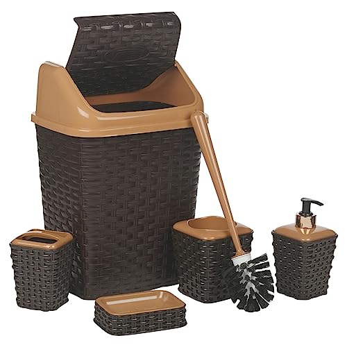 URBNLIVING 5 Pc Rattan Bathroom Bin Toilet Bowl Brush Toothbrush Soap Dispenser Holder Set (Brown)