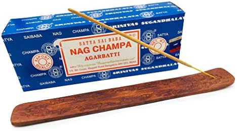 Nag Champa Incense Sticks with Carved Floral Wooden Tray Incense Burner Holder - 250 Grams of Satya Sai Baba Nag Champa - for Home Fragrance, Spiritual Gifts, Home Decor, and More