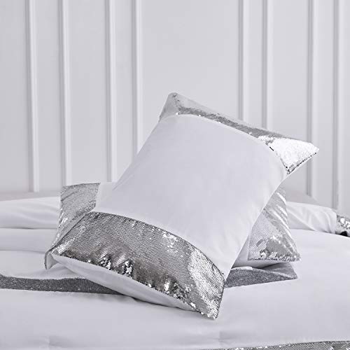 Hig 5 Piece White/Silver Glitter Flip Sequins Comforter Set Queen Size - Light Weight Luxury Bed-In-A-Bag With Ultra Soft Polyfilling Bedding Set - 1 Comforter 2 Shams 2 Decorative Pillow(Bella) #TOP6