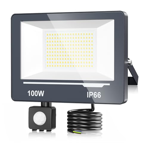 TOPAUBUB Spot LED Extérieur Detecteur de Mouvement 100W, Projecteur LED Extérieur avec Détecteur 10000LM Ultra Lumineux, 6500K Blanc Froid, Étanche IP66,...