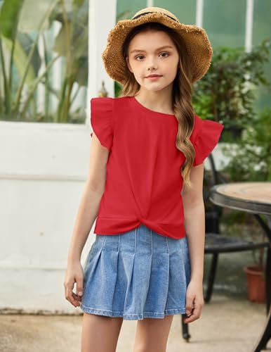 Image of Arshiner Girls Shirt - Short-Sleeve Twist Front T-Shirt for Girls with Cute Flying Sleeves - Summer Blouse Tunic Tee Tops
