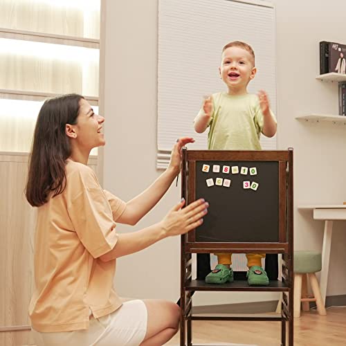Toetol Bamboo Kids Step Stool For Kitchen Height Adjustable Toddler Standing Tower With Keeper And Black & White Activity Board #TOP1