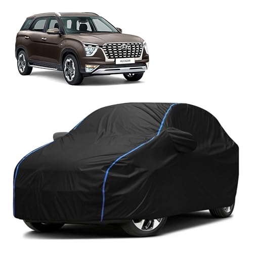 Image of Kerwa Car Body Cover Waterproof Compatible with Hyundai Alcazar | Scratch Proof, Anti-Dust, UV Protection with Windproof Buckle Strap and Mirror Pockets, Bottom Elastic Fitted-Black