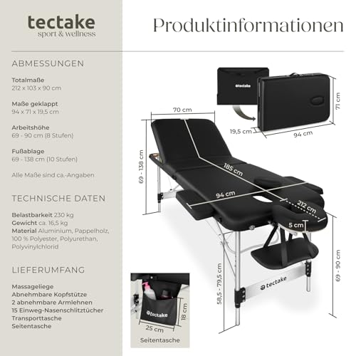 tectake® Massageliege 3 Zonen, Massagetisch, Massageliege klappbar, höhenverstellbare Aluminium Massageliege, Massagebett tragbar inkl. Zubehör, Kopfstütze, Armlehne, Tragetasche - schwarz 6