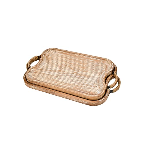 Rustic Wood Serving Tray With Metal Twine Handles Set Of 2 Rectangular Decorative Trays Farmhouse Platter For Food, Fruit, And Coffee Great For Bed, Patio, Ottoman, Coffee Table, Kitchen, Or Party. #TOP6