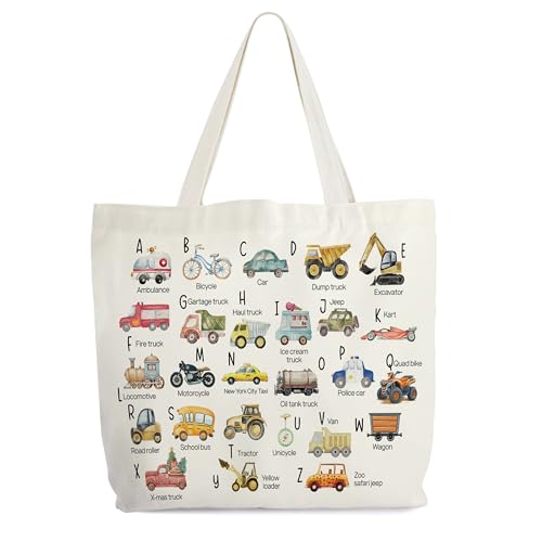 Construction Alphabet Canvas Tote for Women - ABC Letters Learning Library Book Bag, Teacher Tote for Books - Colorful Shoulder Bag Gift for Her