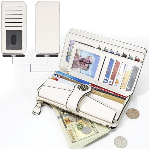 Travelambo Wallets Women RFID Large Capacity Luxury Waxed Leather Clutch Wallet Multi Card Organizer(Light Purple + Beige)4