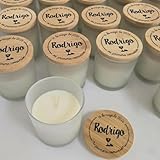 VELAS PERSONALIZADAS en tarro de Cristal con Tapa de Bambú-Aroma de Vainilla-Detalles para Boda, Pack 10. Regalos para invitados. REGALOS TPMAS