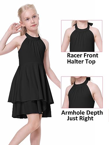 Mebius Girls Dresses Halter Neck Sleeveless Black Dress For Girls Backless Flowy Tiered Ruffle Party Graduation Kid 10 Years #TOP3