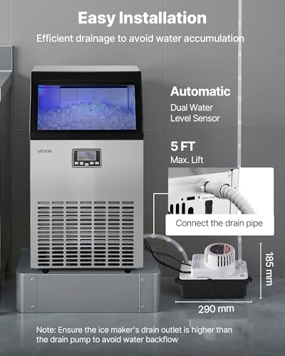 Image of VEVOR Commercial Ice Maker Machine with Pump, 100 lbs /24h with 26 lbs Storage Capacity, Built-in /Freestanding /Under Counter, Stainless Steel Ice Maker with LED Display & Self-Cleaning, for Home Bar