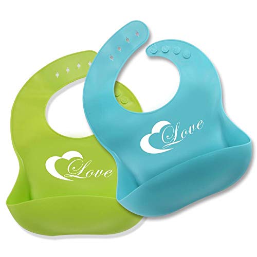 Silicone Baby Bibs Set of 2 Adjustable Waterproof Soft Baby Bibs for Boys and Girls Easy Wipe Clean with Food Catcher for Babies Toddlers Gifts for New Born (Green and Blue/ Love)