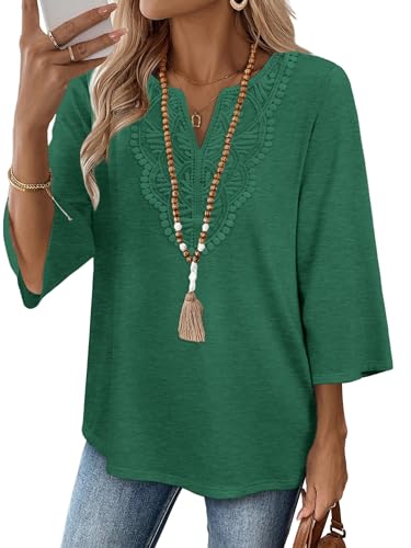 Image of WIHOLL 3 /4 Length Sleeve Womens Tops Boho V Neck Lace Shirt Trendy Blouses Dressy Casual Vacation Clothes S-3XL