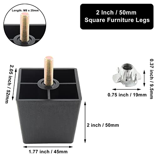 Qjaiune Square Furniture Legs 2 Inch / 50Mm Sofa Legs Set Of 4, Plastic Cabinet Feet With M8 Hanger Bolts, Ottoman Legs Couch Foot Replacement For Loveseats Chair Dresser & Coffee Table Diy (Black) #TOP3