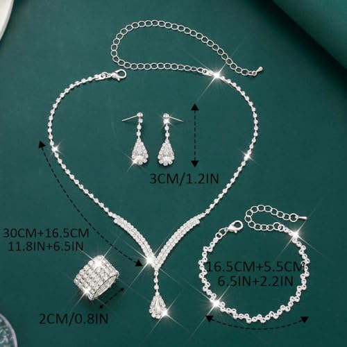 Unicra Bridal Wedding Jewelry Set Silver Rhinestone Necklace Earrings Sets Formal Costume Jewelry for Women and Brides (C-4 Pack Silver Necklace Bracelet Rings Earrings)