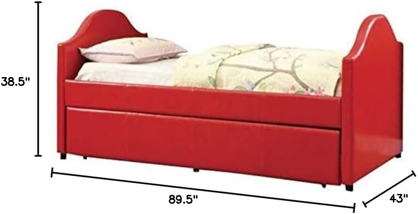 BOWERY HILL Contemporary Upholstered Daybed with Trundle, Solid Wood Frame, Leatherette Red Finish, 89.5" W x 43" D x 38.5" H, Arched Headboard and Footboard, Space-Saving Design for Kids Room