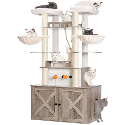 Heybly Cat Tree for Maine Coon with Litter Box Enclosure, 72-inch Wooden Cat Tower for Indoor Cats Large Adult, Big Condo with Food Station, Baskets, Furniture with All-sisal Scratching Post HCT112SG Cover