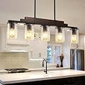 Farmhouse Wood Kitchen Island Lighting, 5-Light Adjustable Chandelier for Dining Room, Seeded Glass Shade Dining Room Light Fixture Over Table, Black Hanging Pendant Lights for Kitchen, Pool Table