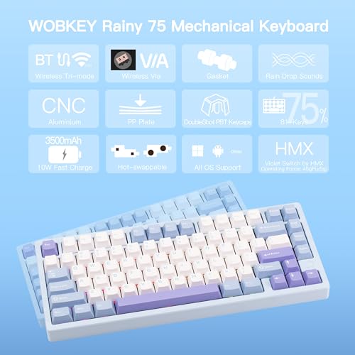 Image of KEEBMONKEY WOBKEY Rainy 75 CNC Aluminum HMX /JWK /Cocoa Switches Triple-Mode Connectivity Mechanical Keyboard with Superior Acoustics, RGB /PP /Gradient Glass /3500mAh /Violet Switch (Standard - Blue)