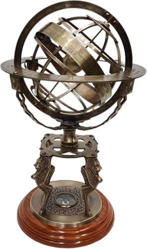 Nautical Vintage Solid Brass Zodiac Globe Sphere Vintage Armillary Compass Globe Astrolabe On Wooden Base Nautical Decor Gift