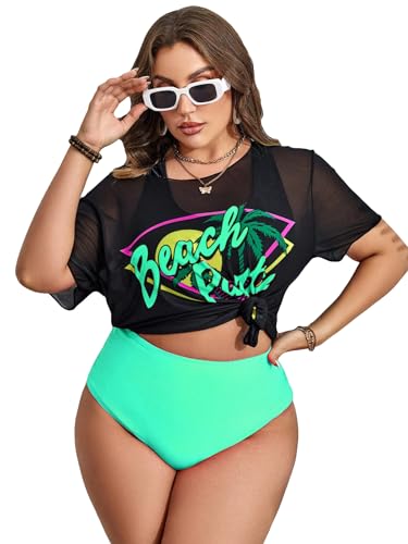 Women's Plus Size 3 Piece Tropical Graphic Contrast Mesh Bikini Swimsuit Set with Cover Up