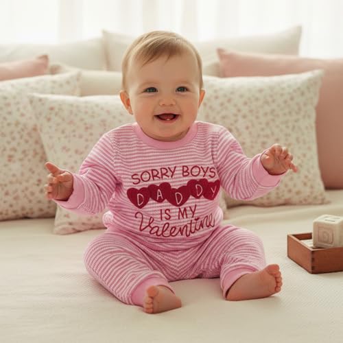 FIOMVA Toddler Baby Girl Valentines Day Outfit Waffle Knit Heart Embroidery Sweatshirt Pants Set Valentines Clothing Clothes (Pink sorry boys,daddy is my Valentine, 18-24 Months)
