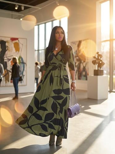 Image of Yajedo Womens Casual Summer Maxi Dress Plus Size Sexy Wrap V Neck 3 /4 Sleeve Sundress with Pockets