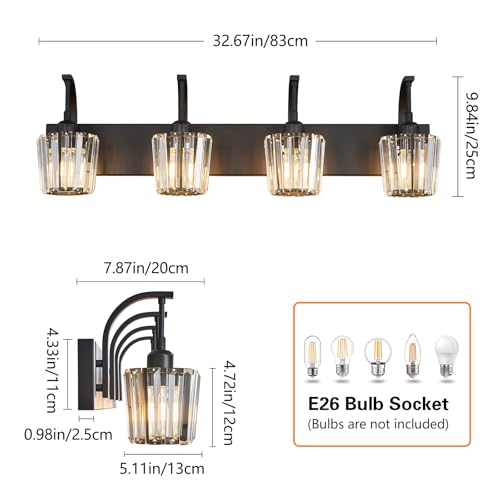 FDPBY Modern Bathroom Vanity Light, 4-Light Black Wall Sconce with Crystal Accents, Over Mirror Bathroom Lighting Fixture, 32.67" Long Dimmable Vanity Lamp for Makeup, Easy Installation by FDPBY - Used condition - Image 4