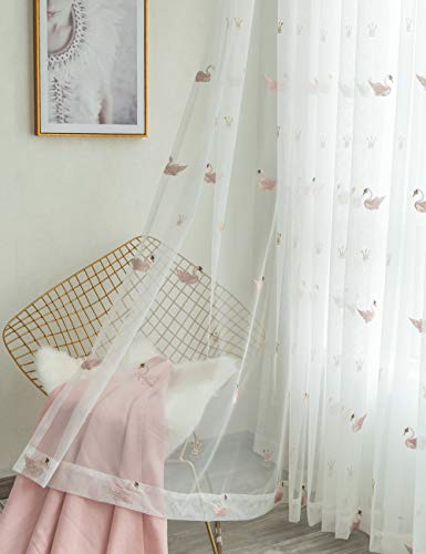 Lactraum Rideau pour chambre d'enfant fille princesse transparent blanc avec œillets brodés cygne couronne voile 145 x 245 cm Cover