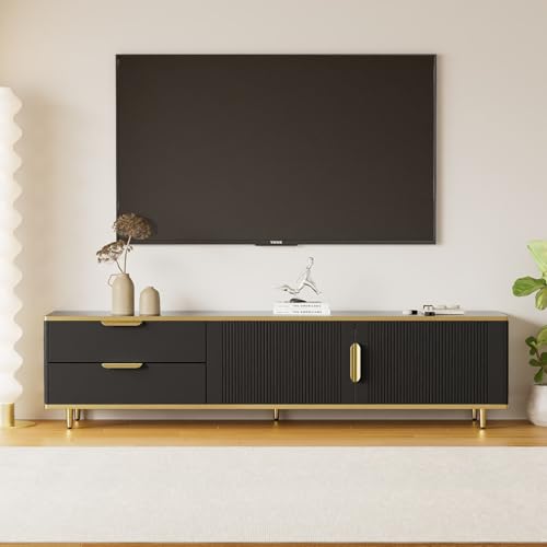 PUGSDRLY Meuble TV avec Rangement,2 Portes et 2 Tiroirs,Meuble TV Bas,Design élégant et Moderne,Pieds et poignées dorés (Noir, 175x40x45cm)