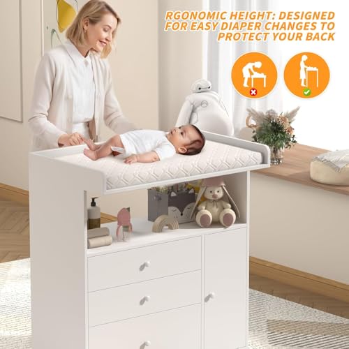 Image of Baby Changing Table Dresser with Wide Tabletop, 3 Drawers & Open Storage Space, Baby Dresser with Changing Table Top, Perfect for Baby Bedrooms & Nurseries