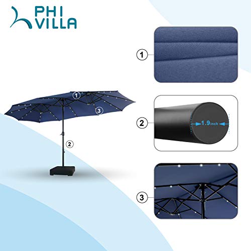 Phi Villa 15Ft Large Patio Umbrella With Solar Lights, Double-Sided Outdoor Market Rectangle Umbrellas With 36 Led Lights, Umbrella Base (Stand) Included, Navy Blue #TOP3