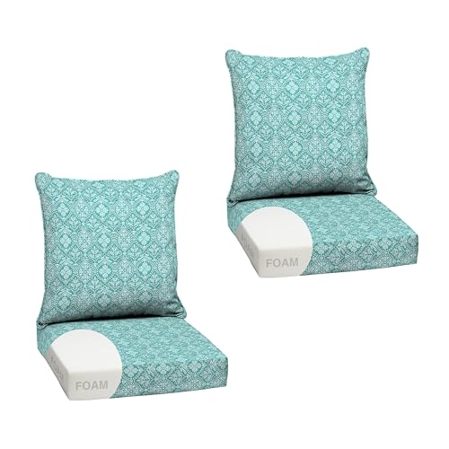 Image of Arden Outdoor Foam Deep Seat Cushion Set, 2-Pack, 24x24, Premium High-Density Foam, Never Flattens, Weather-Proof for Patio Chair Sofa Couch, Turquoise Daphne Medallion