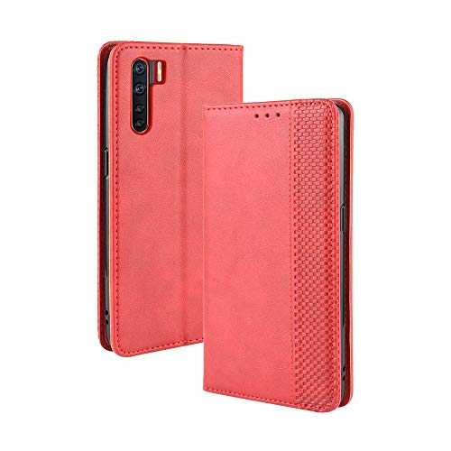 Dedux Flip Funda con OPPO A91, Tapa de Billetera de Cuero Retro Cierre Magnético Folio Soporte Ranuras para Tarjetas, Rojo