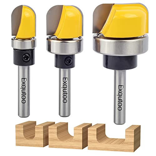 Exqutoo 3Pcs 1/4" Shank Carbide Round Nose Groove Router Bit Set Template Router Planing Head Set With Ball Bearing Engraving Router Planing Head Wood Cutter Woodworking Tools Carving Cutting Tool #TOP5